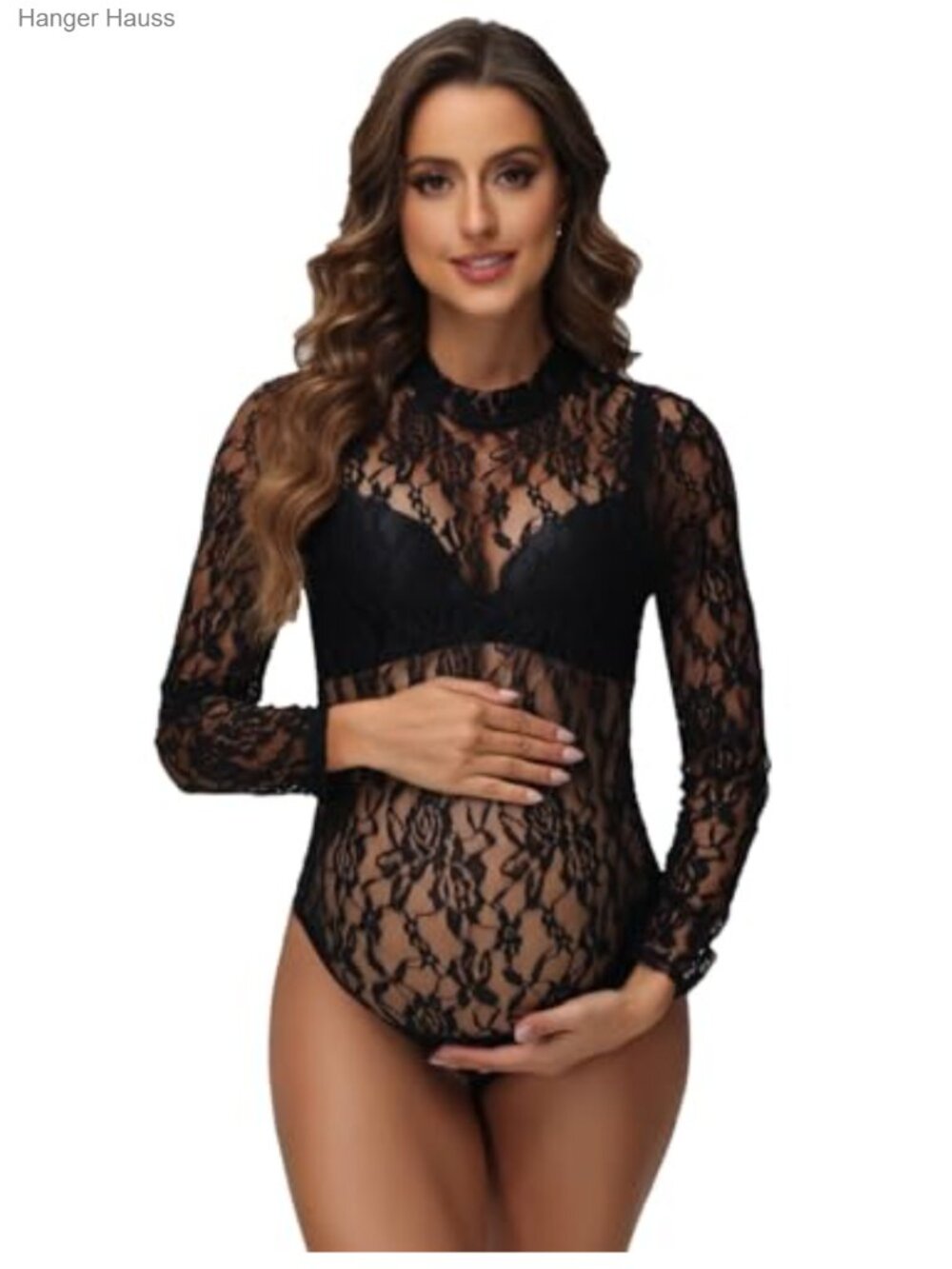 Sheer Floral Lace Maternity Bodysuit Long Sleeve Photoshoot
